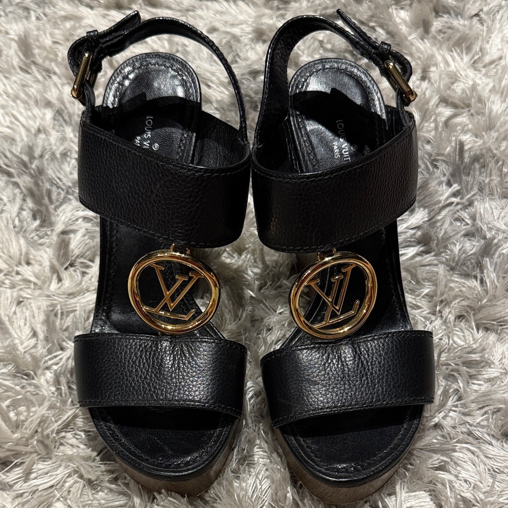 Louis Vuitton Black Leather Sandal Wedges with Gold LV Medallions